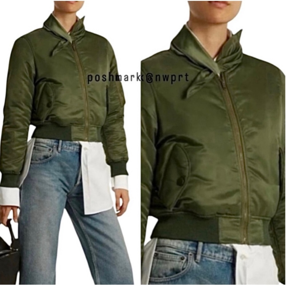 Balenciaga Flight Jacket Scarf Neck Tie Satin Bomber Olive Green 34 XS 0 2 - Picture 3 of 14